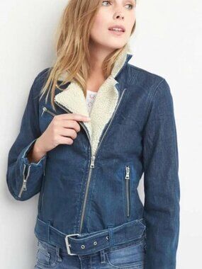 VINTAGE GAP 1969 DENIM MOTO JACKET SHEARLING COLLAR JEAN JACKET sz M
